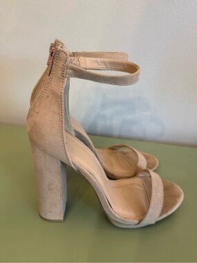 Tan Suede Ankle-Strap Block Heel Sandals